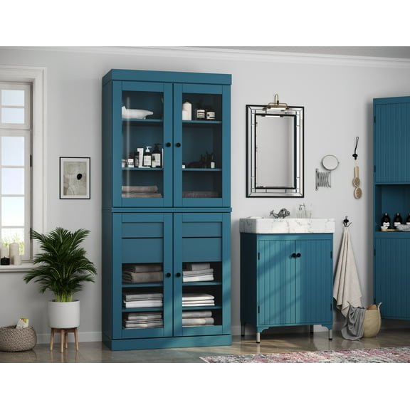 100% Solid Wood 32" Bathroom Cabinet with Clear Glass Doors, 2-Drawers and Adjustable Shelves