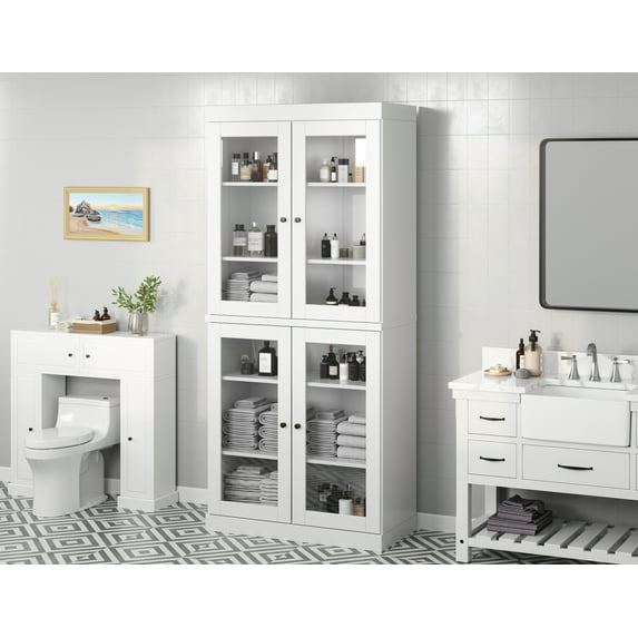 100% Solid Wood 32" Bathroom Cabinet with Clear Glass Doors and Adjustable Shelves