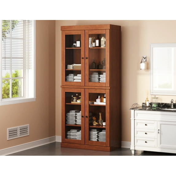 100% Solid Wood 32" Bathroom Cabinet with Clear Glass Doors and Adjustable Shelves