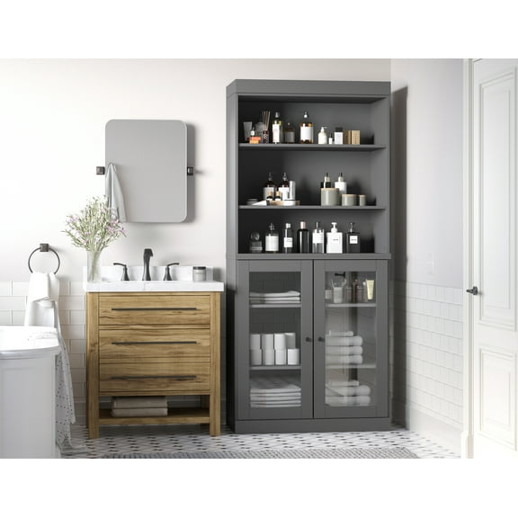 100% Solid Wood 32" Bathroom Cabinet with Clear Glass Doors and Adjustable Shelves