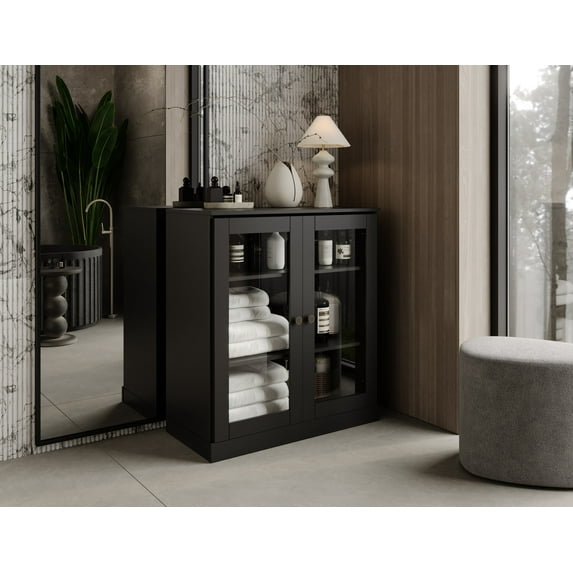 Palace Imports 100% Solid Wood 32" Bathroom Cabinet with Clear Glass Doors and Adjustable Shelves, Black