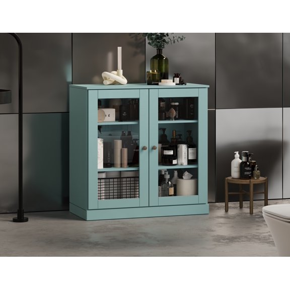 100% Solid Wood 32" Bathroom Cabinet with Clear Glass Doors and Adjustable Shelves