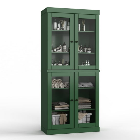 100% Solid Wood 32" Bathroom Cabinet with Clear Glass Doors and Adjustable Shelves