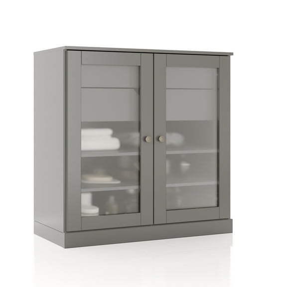100% Solid Wood 32" Bathroom Cabinet with Frosted Glass Doors, 2-Drawers and Adjustable Shelves