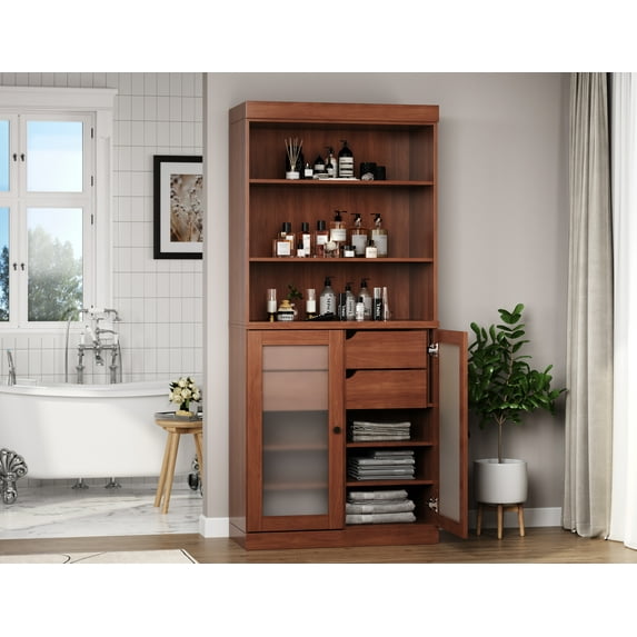 100% Solid Wood 32" Bathroom Cabinet with Frosted Glass Doors, 2-Drawers and Adjustable Shelves