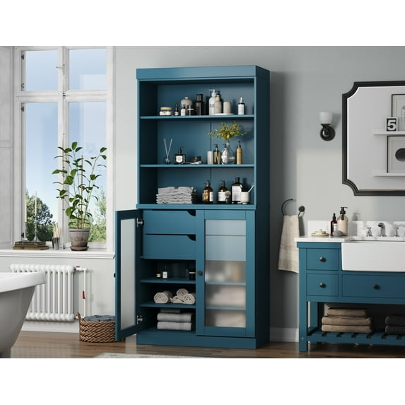 100% Solid Wood 32" Bathroom Cabinet with Frosted Glass Doors, 2-Drawers and Adjustable Shelves
