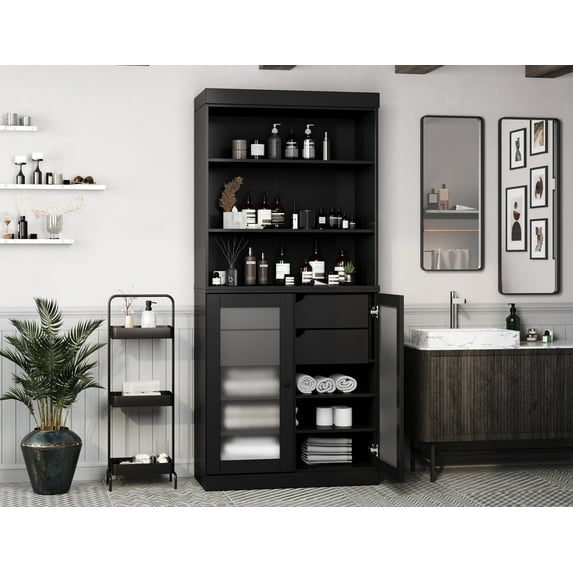 100% Solid Wood 32" Bathroom Cabinet with Frosted Glass Doors, 2-Drawers and Adjustable Shelves
