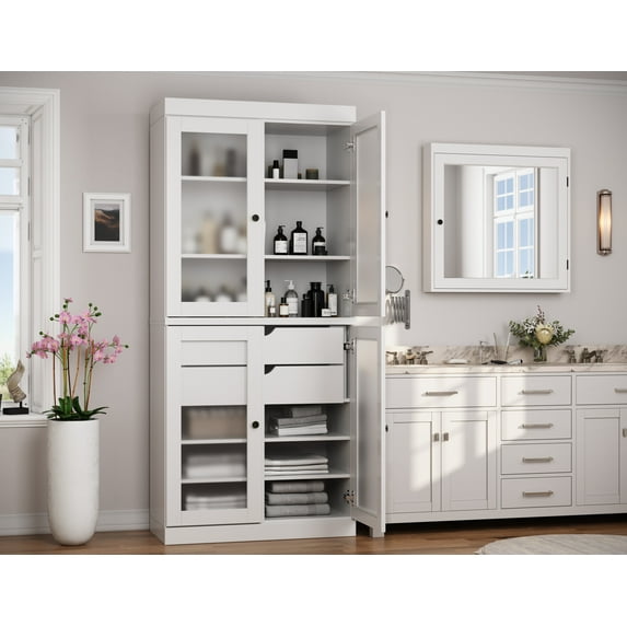 100% Solid Wood 32" Bathroom Cabinet with Frosted Glass Doors and 2-Drawers