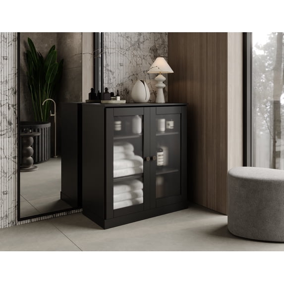 100% Solid Wood 32" Bathroom Cabinet with Frosted Glass Doors and Adjustable Shelves