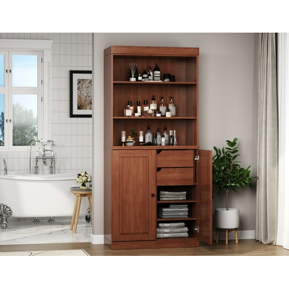 100% Solid Wood 32" Bathroom Cabinet with Solid Doors, 2-Drawers and Adjustable Shelves