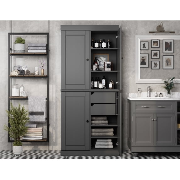 100% Solid Wood 32" Bathroom Cabinet with Solid Doors, 2-Drawers and Adjustable Shelves