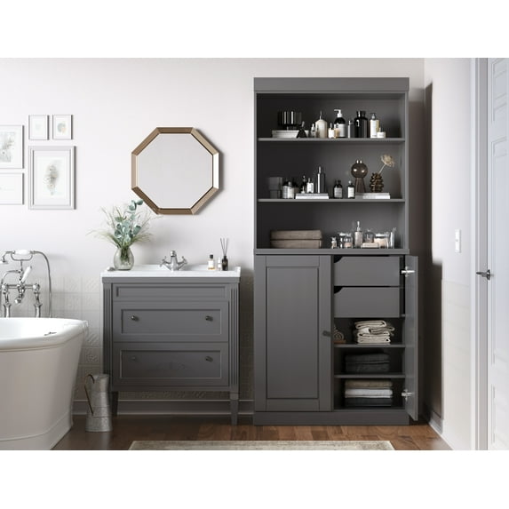 100% Solid Wood 32" Bathroom Cabinet with Solid Doors, 2-Drawers and Adjustable Shelves
