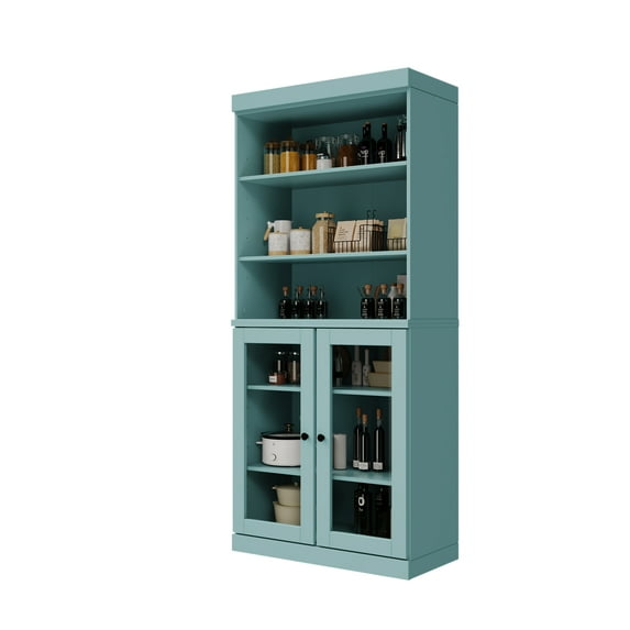 Palace Imports 100% Solid Wood 32" Pantry Cabinet with Clear Glass Doors and Adjustable Shelves, Aqua Blue