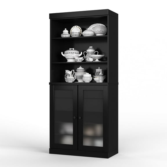 Palace Imports 100% Solid Wood 32" Pantry Cabinet with Frosted Glass Doors, 2-Drawers and Adjustable Shelves, Black