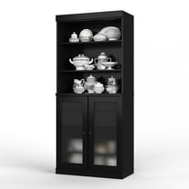 Palace Imports 100% Solid Wood 32" Pantry Cabinet with Frosted Glass Doors, 2-Drawers and Adjustable Shelves, Black