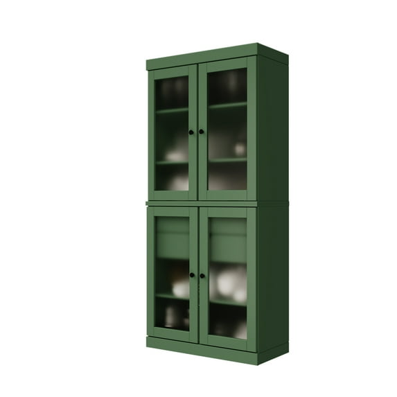 Palace Imports 100% Solid Wood 32" Pantry Cabinet with Frosted Glass Doors, 2-Drawers and Adjustable Shelves, Green