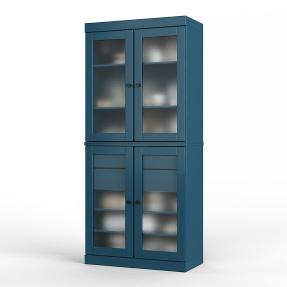 Palace Imports 100% Solid Wood 32" Pantry Cabinet with Frosted Glass Doors, 2-Drawers and Adjustable Shelves, Teal Blue