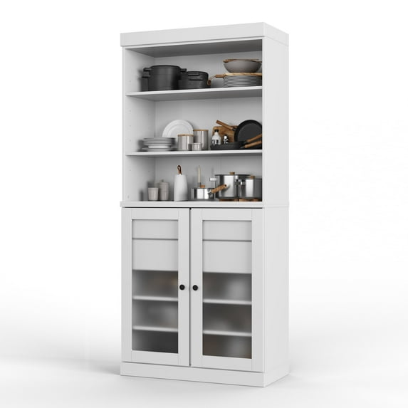 Palace Imports 100% Solid Wood 32" Pantry Cabinet with Frosted Glass Doors, 2-Drawers and Adjustable Shelves, White
