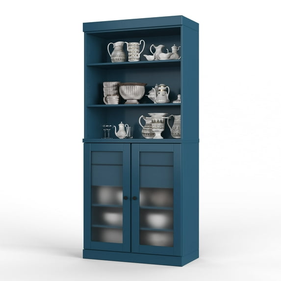 Palace Imports 100% Solid Wood 32" Pantry Cabinet with Frosted Glass Doors, 2-Drawers and Adjustable Shelves, Teal Blue