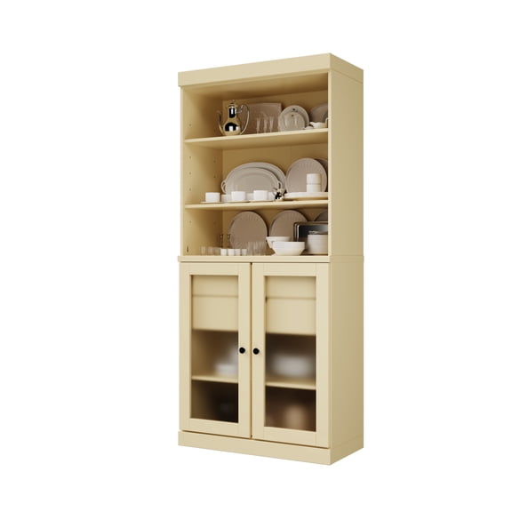 Palace Imports 100% Solid Wood 32" Pantry Cabinet with Frosted Glass Doors, 2-Drawers and Adjustable Shelves, Yellow