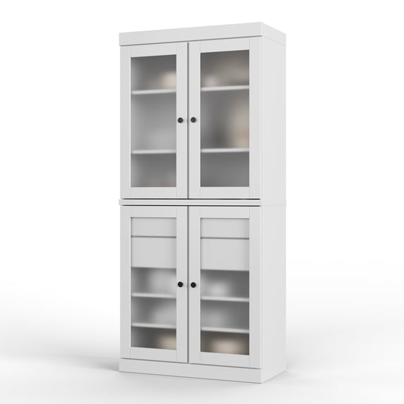 100% Solid Wood Pantry Cabinet with Frosted Glass Doors - 32" Wide x 71.5" Tall - 2-Drawers and Adjustable Shelves, White Wooden Storage Cabinet