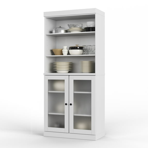 Palace Imports 100% Solid Wood 32" Pantry Cabinet with Frosted Glass Doors and Adjustable Shelves, White