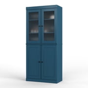 Palace Imports 100% Solid Wood 32 Pantry Cabinet with Solid, Frosted Glass Doors, 2-Drawers and Adjustable Shelves, Teal Blue