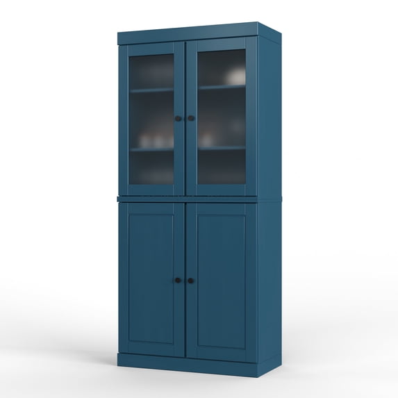 Palace Imports 100% Solid Wood 32" Pantry Cabinet with Solid, Frosted Glass Doors, 2-Drawers and Adjustable Shelves, Teal Blue
