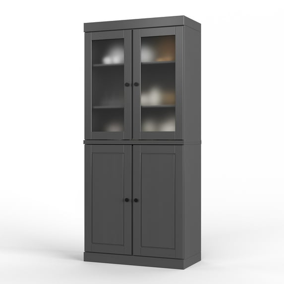 Palace Imports 100% Solid Wood 32" Pantry Cabinet with Solid, Frosted Glass Doors and Adjustable Shelves, Gray