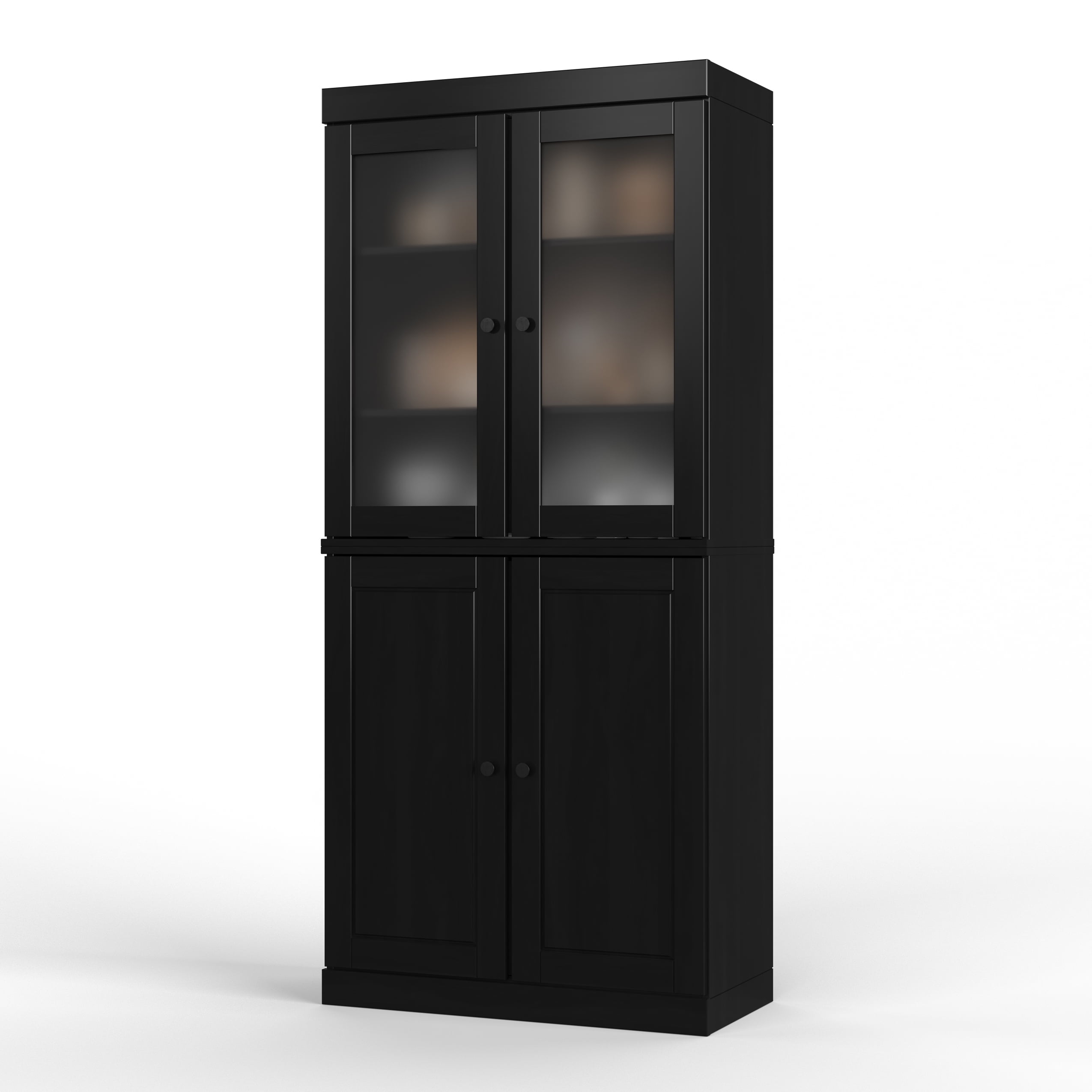 Palace Imports 100% Solid Wood 32" Pantry Cabinet with Solid, Frosted Glass Doors and Adjustable Shelves, Black