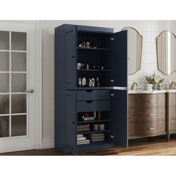 100% Solid Wood 32" W Bathroom Storage Cabinet with Solid Doors, 2-Drawers and Adjustable Shelves, Antique Blue Bathroom Floor Cabinet