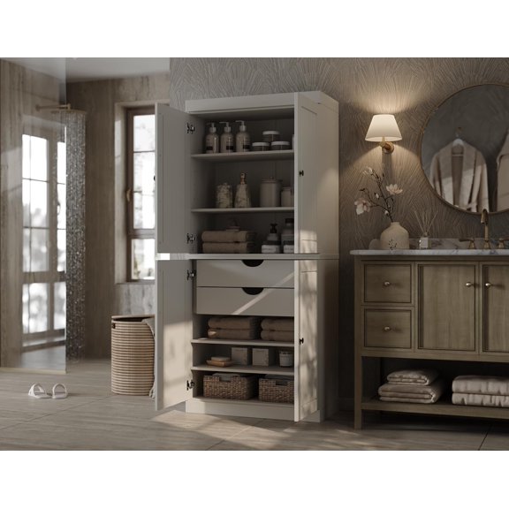 100% Solid Wood 32" Wide Bathroom Storage Cabinet - Off White - Raised Panel Doors, 2-Drawers and Adjustable Shelves - 71.5" H Modular Cabinets - Eco-Friendly Wood