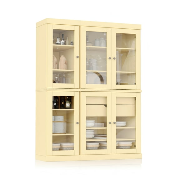 Palace Imports 100% Solid Wood 48.5" Pantry China Cabinet with Clear Glass Doors, 2-Drawers and Adjustable Shelves, Yellow