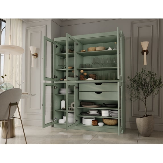 100% Solid Wood 48.5" Pantry China Cabinet with Clear Glass Doors, 2-Drawers and Adjustable Shelves
