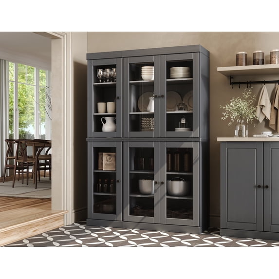 100% Solid Wood 48.5" Pantry China Cabinet with Clear Glass Doors and Adjustable Shelves