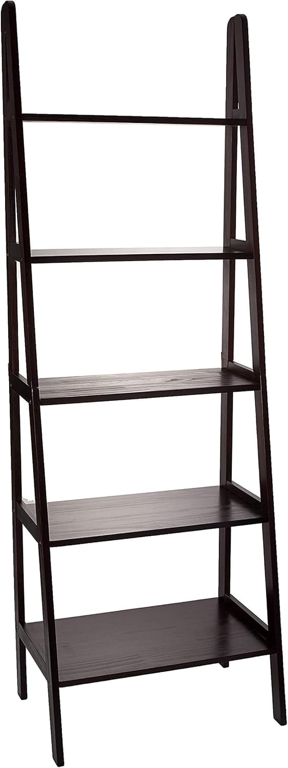 Espresso Solid Wood Adjustable 5-Shelf Ladder Bookcase