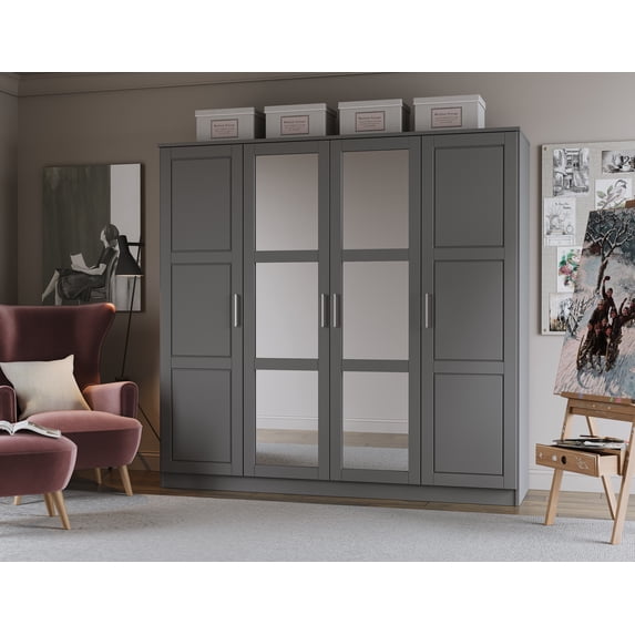 100% Solid Wood Cosmo 4-Door Wardrobe with Mirrored Doors
