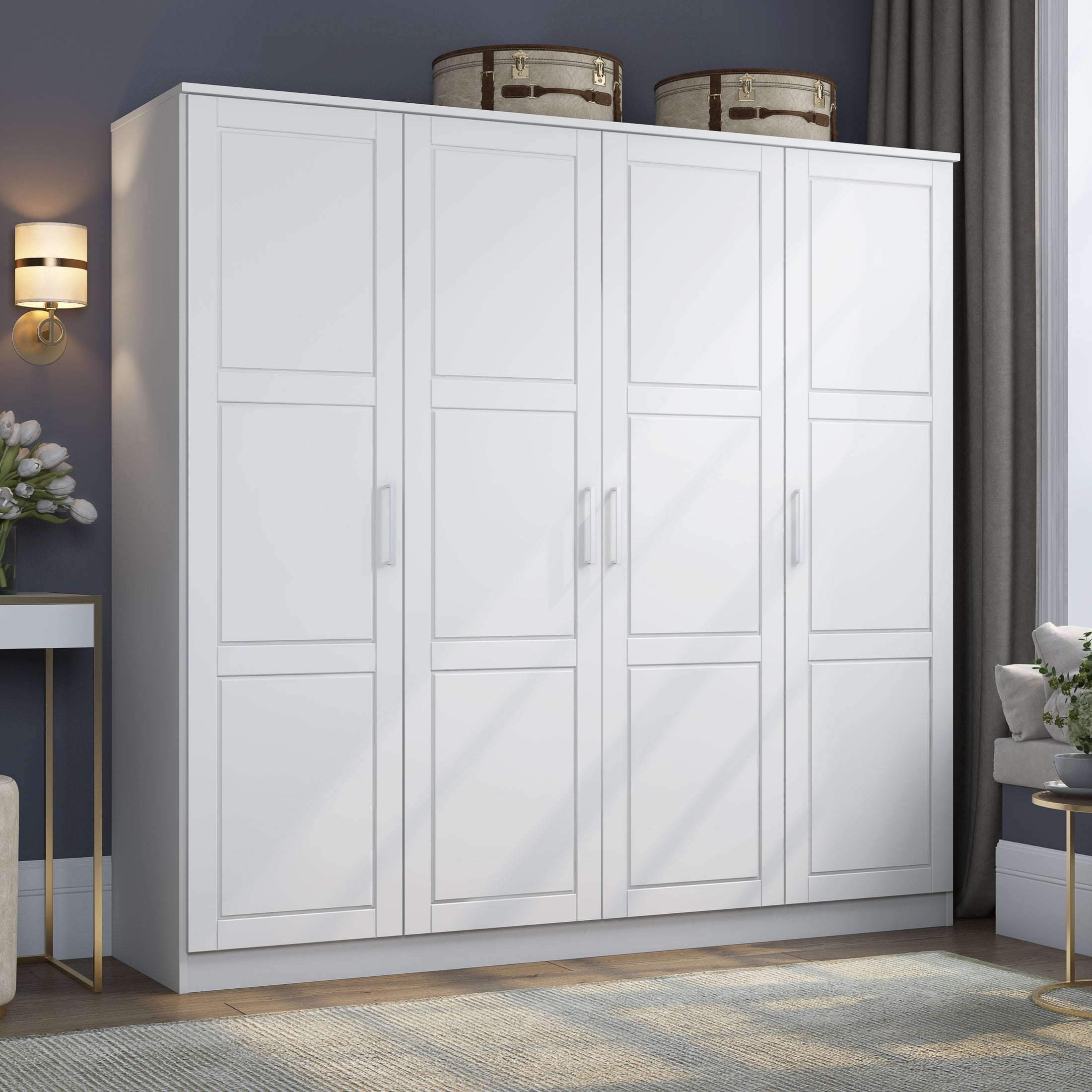 White Solid Wood 4-Door Wardrobe with Mirror and Raised Panel Doors
