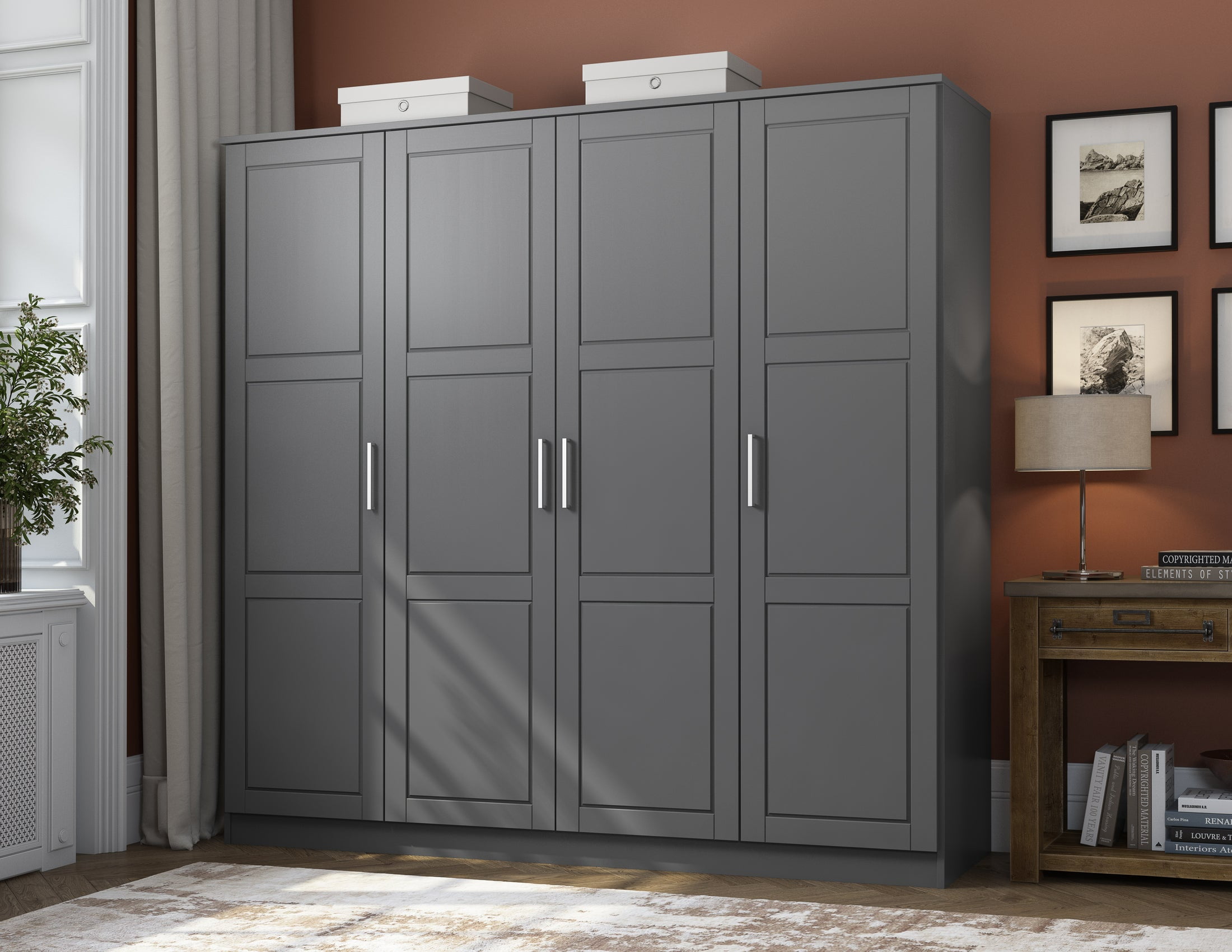 Cosmo Gray Solid Wood 4-Door Wardrobe with Mirror