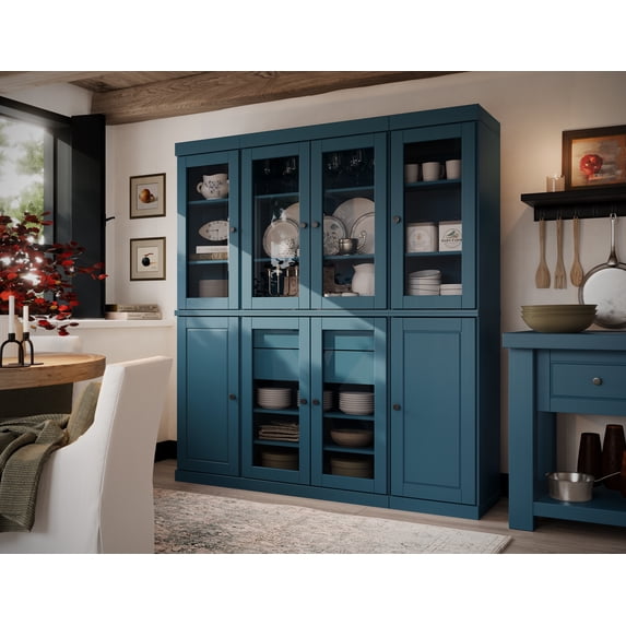 100% Solid Wood Kitchen Pantry Storage Cabinet with Glass Doors, Adjustable Shelves and 2-Drawers, Teal Blue Wooden China Cabinet