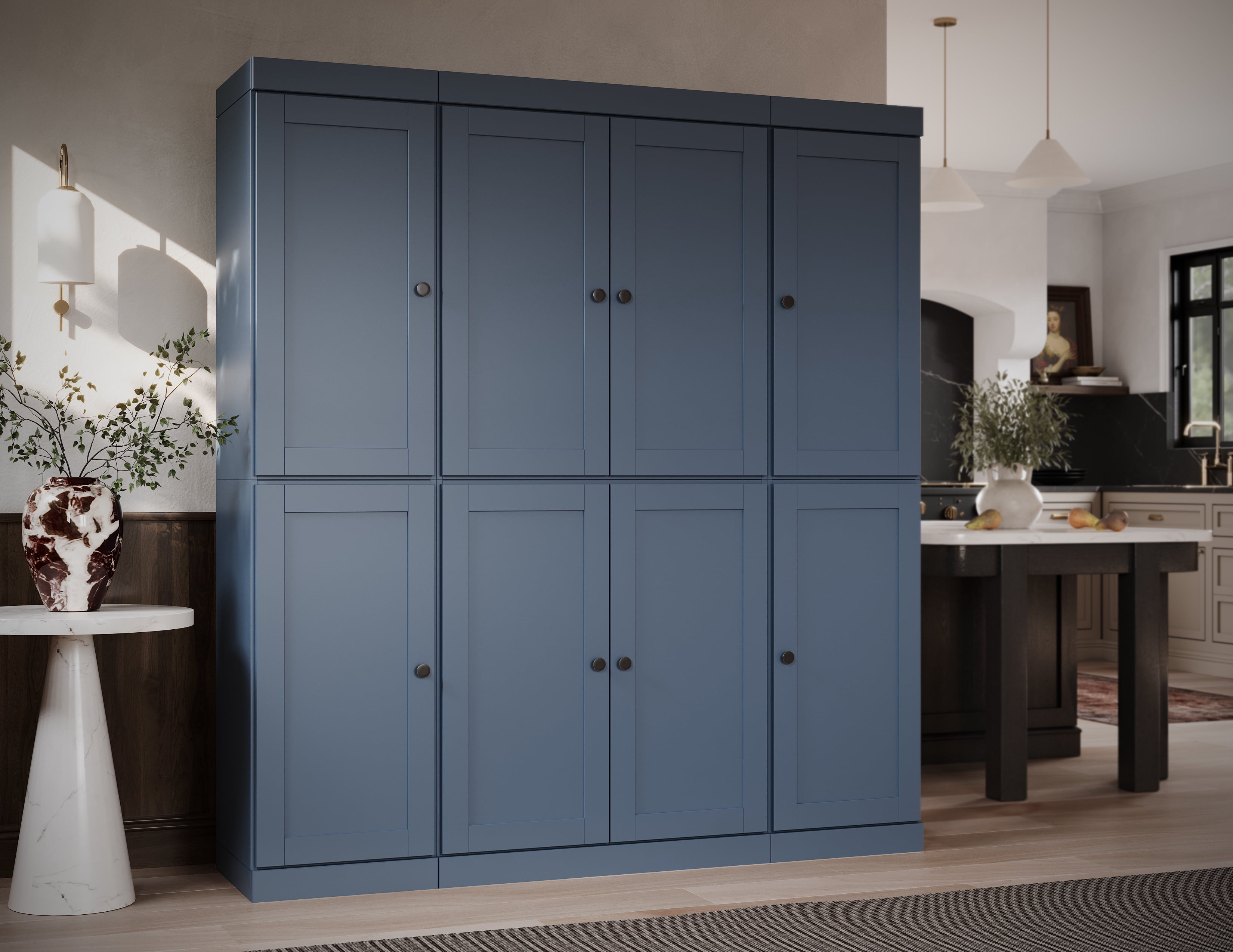 100% Solid Wood Kitchen Pantry Storage Cabinet with Shaker Doors and Adjustable Shelves, Free-standing Antique Blue Wooden Modular Tall Cabinets