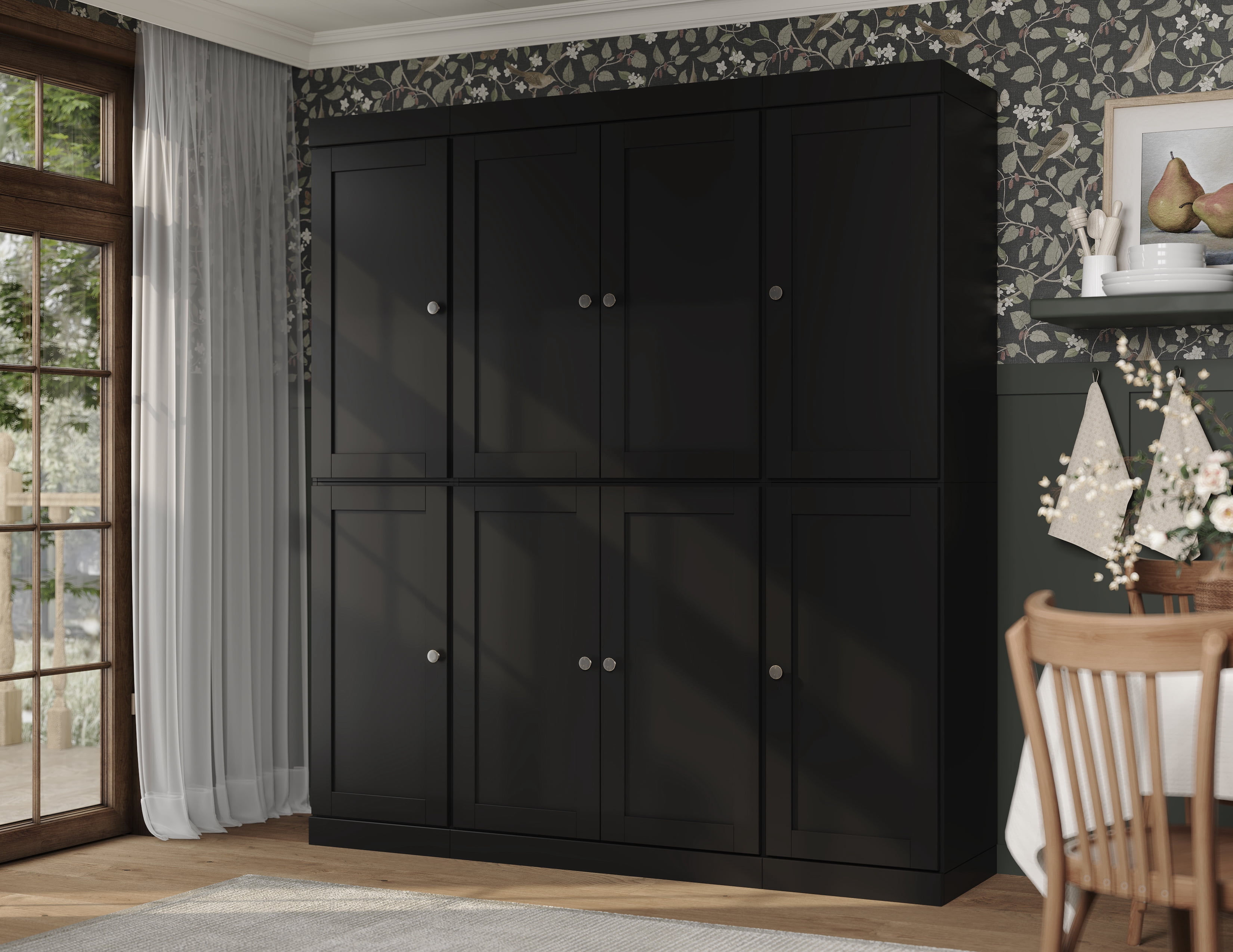 100% Solid Wood Kitchen Pantry Storage Cabinet with Shaker Doors and Adjustable Shelves, Free-standing Black Wooden Modular Tall Cabinets