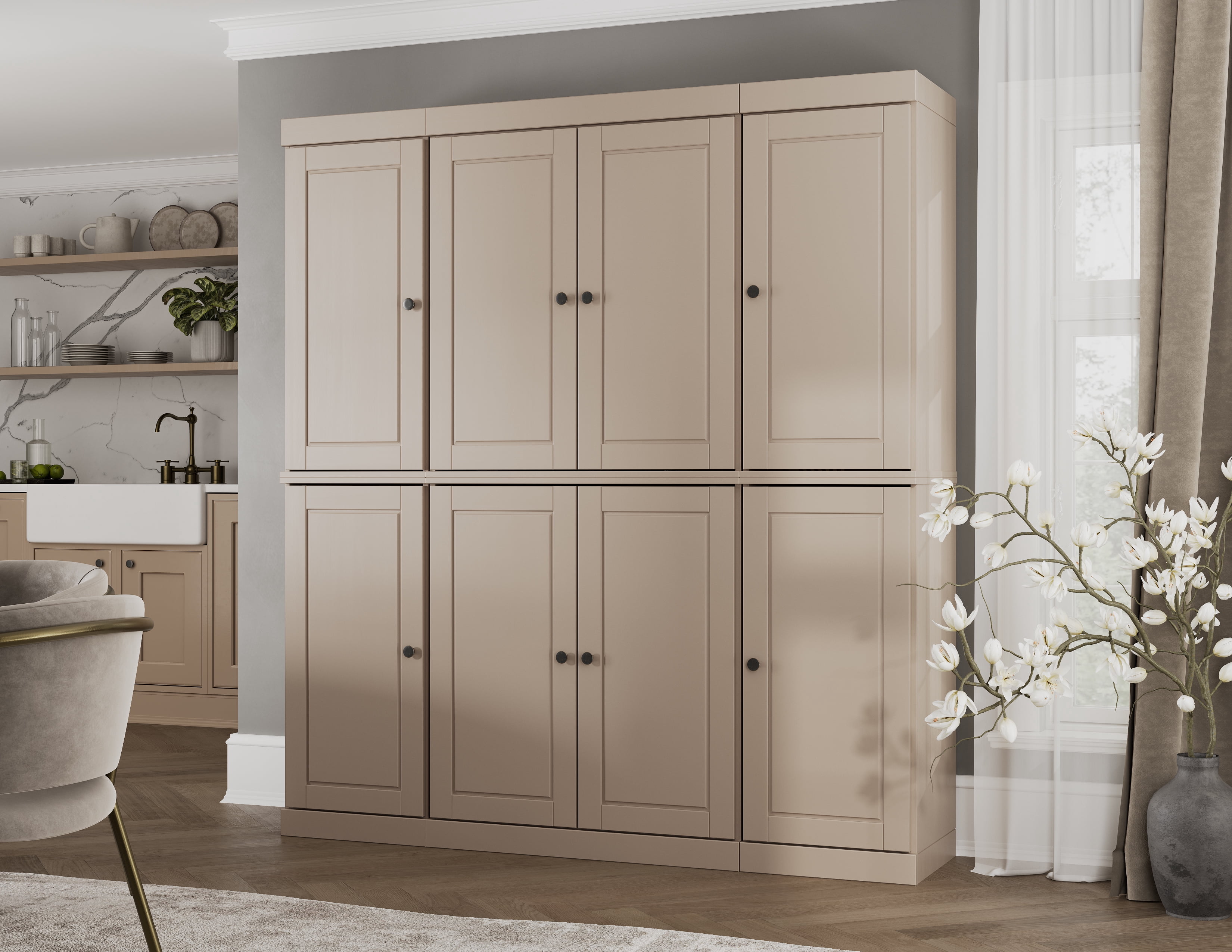 100% Solid Wood Kitchen Pantry Storage Cabinet with Solid Doors and Adjustable Shelves, Beige Wooden Modular Tall Cabinets