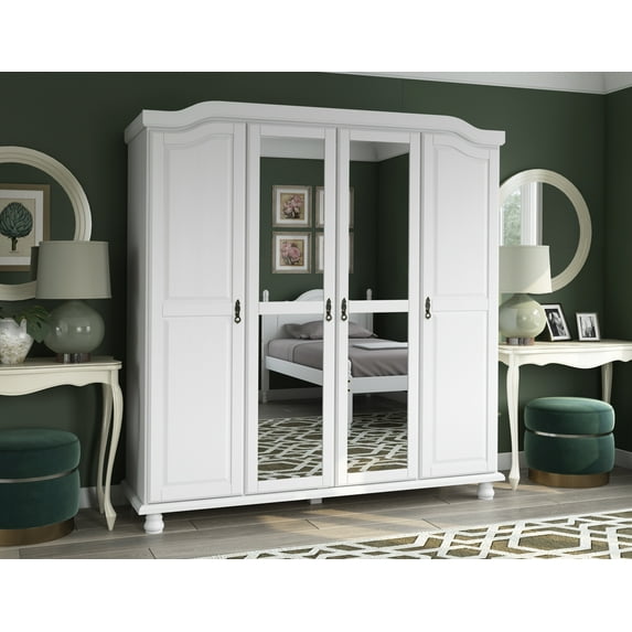 100% Solid Wood Kyle 4-Door Wardrobe Armoire with Mirrored, Solid Wood Doors