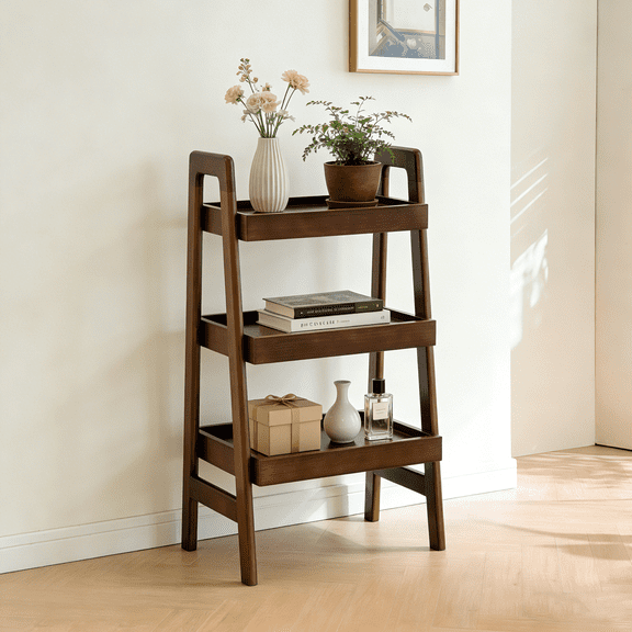 100% Solid Wood Ladder Shelf with 3 Tiers - Freestanding Small Ladder Bookshelf with Open Storage, Space-Saving Side Table for Living Room, Bedroom, Study, Home Office