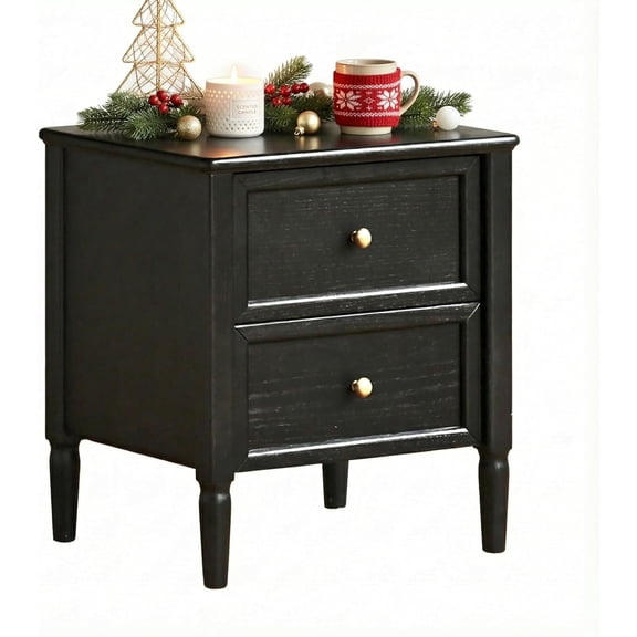 100% Solid Wood Nightstand, Oak Night Stand with 2 Drawers, Farmhouse Nightstands, Mid-Century Modern Nightstand, Small Bedside Table for Bedroom, 19.69" H, Black