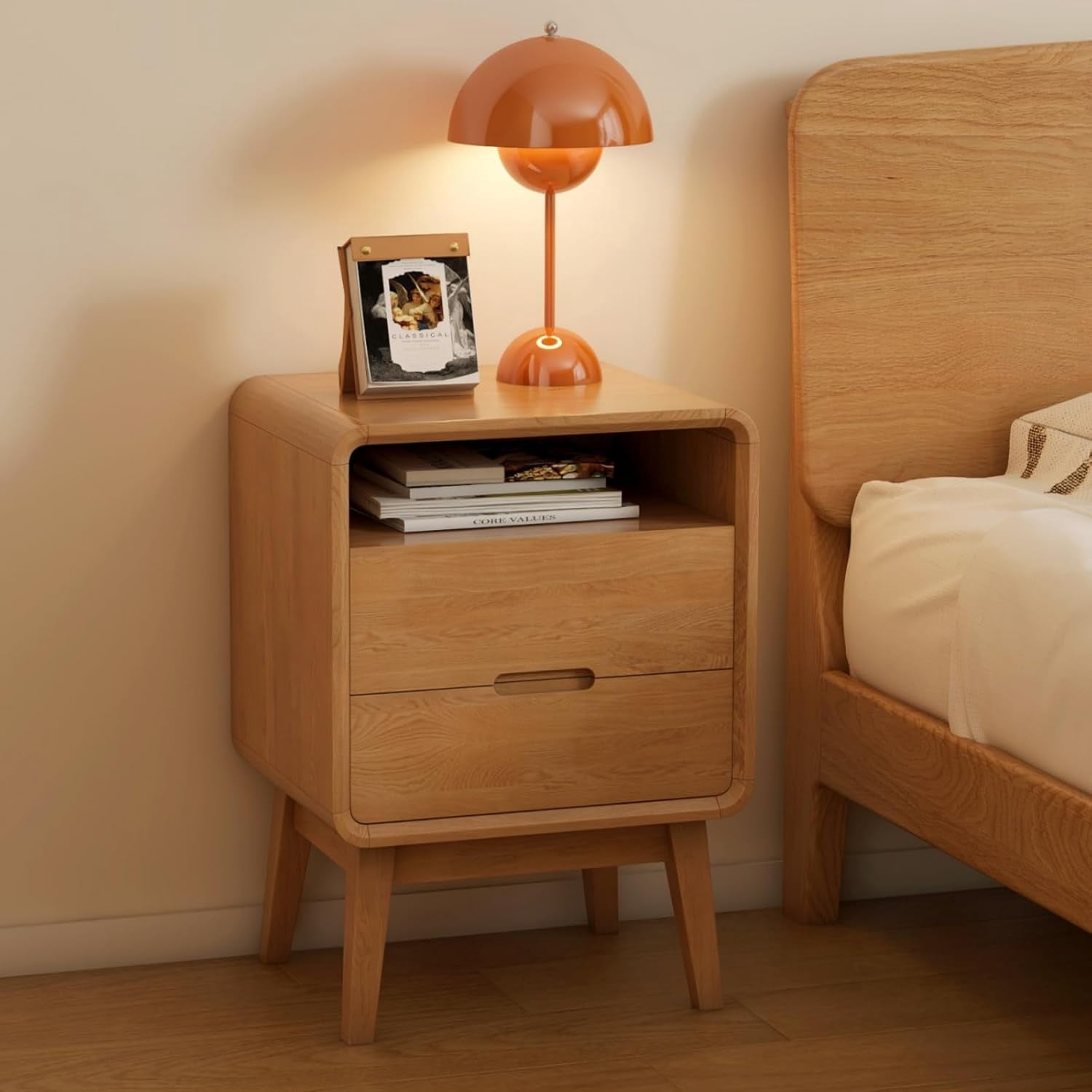 100% Solid Wood Nightstand Wooden Night Stand with Drawers Mid Century ...