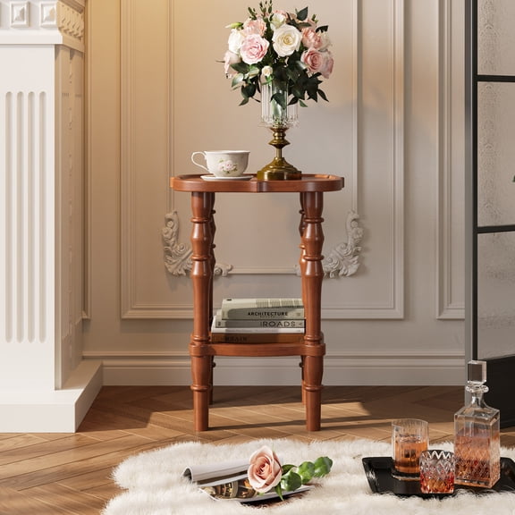 100% Solid Wood Round End Table, 2-Tier Small Side Table with Spindle Legs, Vintage Walnut Nightstand for Living Room Bedroom, Easy Assembly