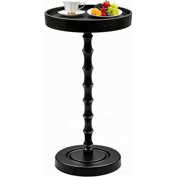 100% Solid Wood Round Side Table, Sturdy Pedestal Martini Drink Table, Easy Assembly Accent End Table for Small Spaces Living Room Bedroom Office Corners, Black Premium
