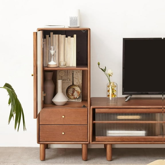 100% Solid Wood Storage Cabinet with Glass Doors and Drawers, Buffet Cabinet with Drawers, for Living Room, Reading Room, Kitchen (14" D x 15" W x 37" H)